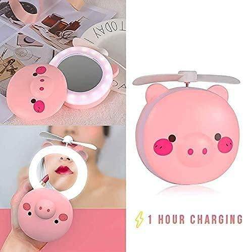 Cartoon Cute Pig LED Lights Mirror Pocket Fan - ZapKart